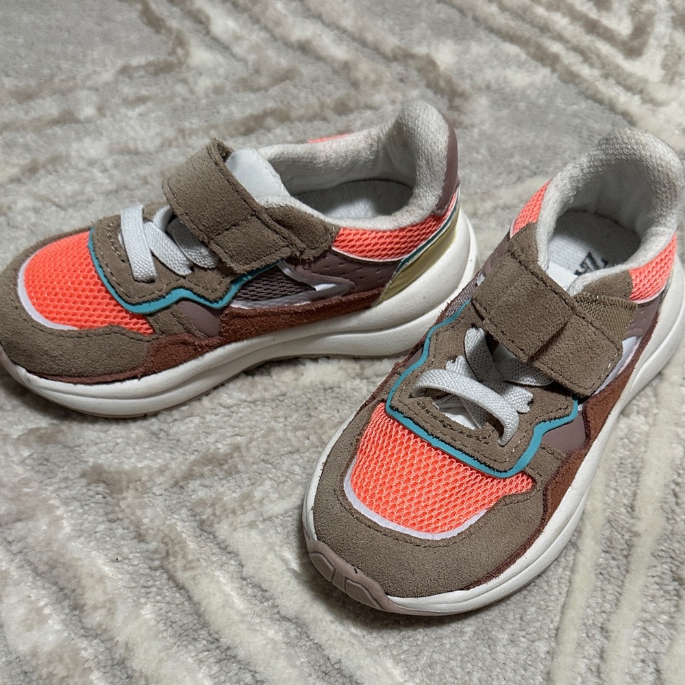 Zara Kids' Neon Coral and Brown Sneakers